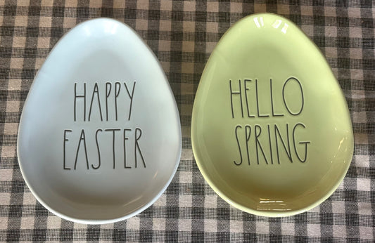 New Rae Dunn blue/green ceramic Easter 2-piece egg shaped plate set HAPPY EASTER/HELLO SPRING