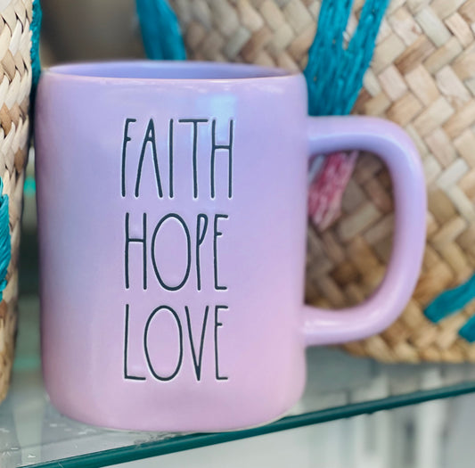 New Rae Dunn purple ceramic coffee mug FAITH HOPE LOVE