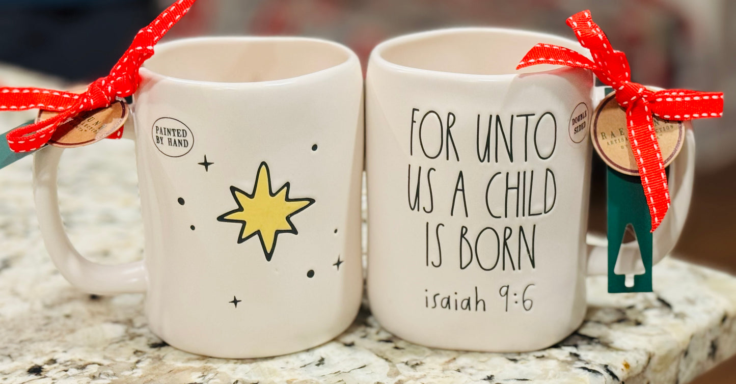 New Rae Dunn white ceramic coffee mug FOR UNTO US A CHILD IS BORN