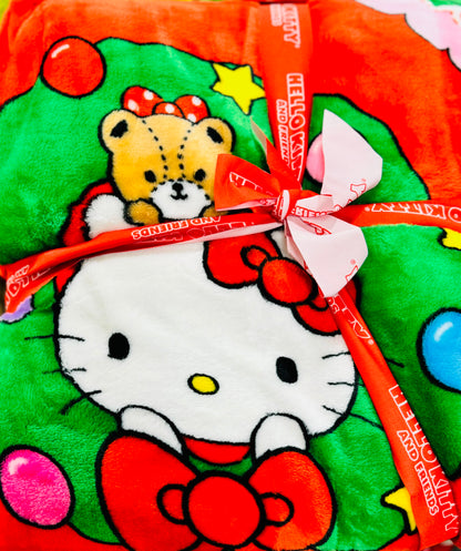 New Hello Kitty red wreath teddy Christmas TWIN size bedding blanket 60x90