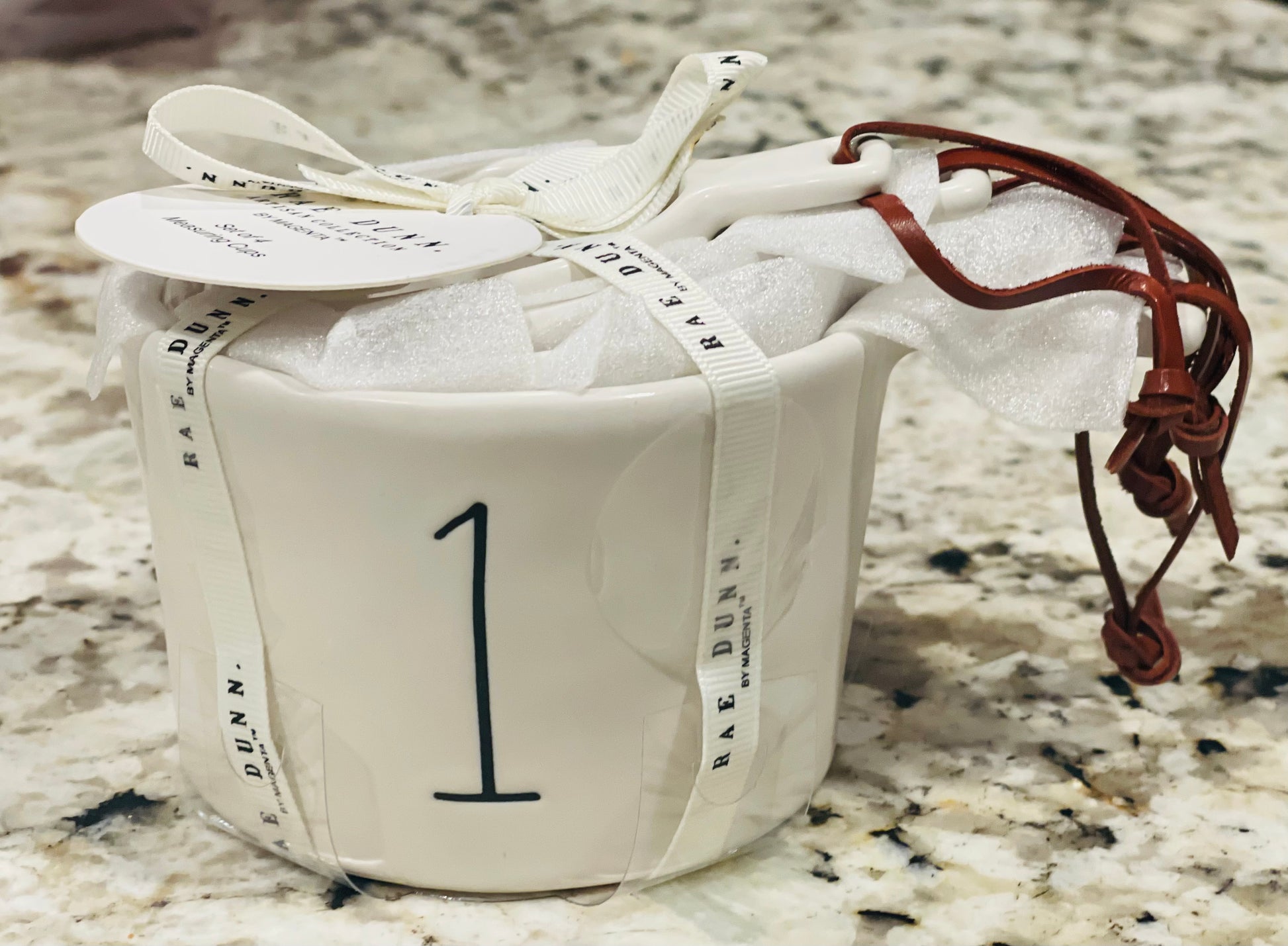 New style Rae Dunn white ceramic leather tie handled measuring cup set