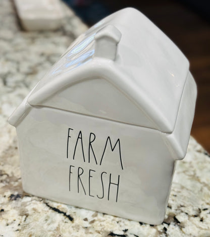 New Rae Dunn white ceramic FARM FRESH cookie jar barn