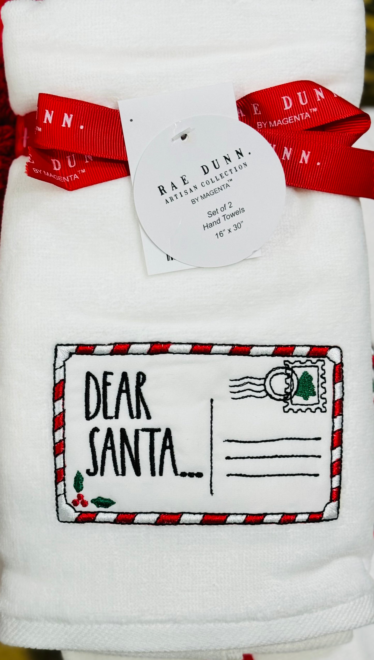 New white Rae Dunn 2-piece bathroom hand towel set DEAR SANTA