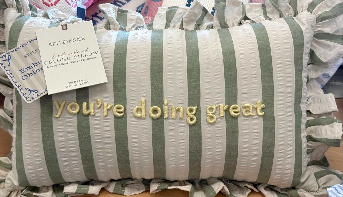 New green striped ruffled edge throw pillow 9x15 YOU’RE DOING GREAT