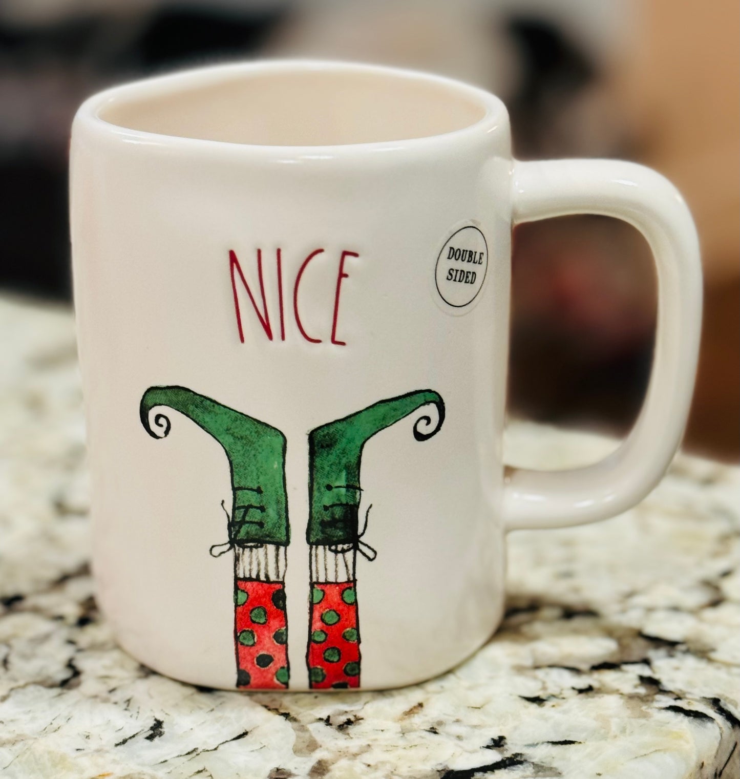 New Rae Dunn white ceramic NAUGHTY/NICE elf feet coffee mug