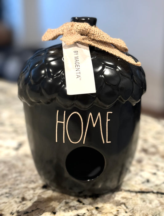 New Rae Dunn black ceramic HOME acorn shaped birdhouse