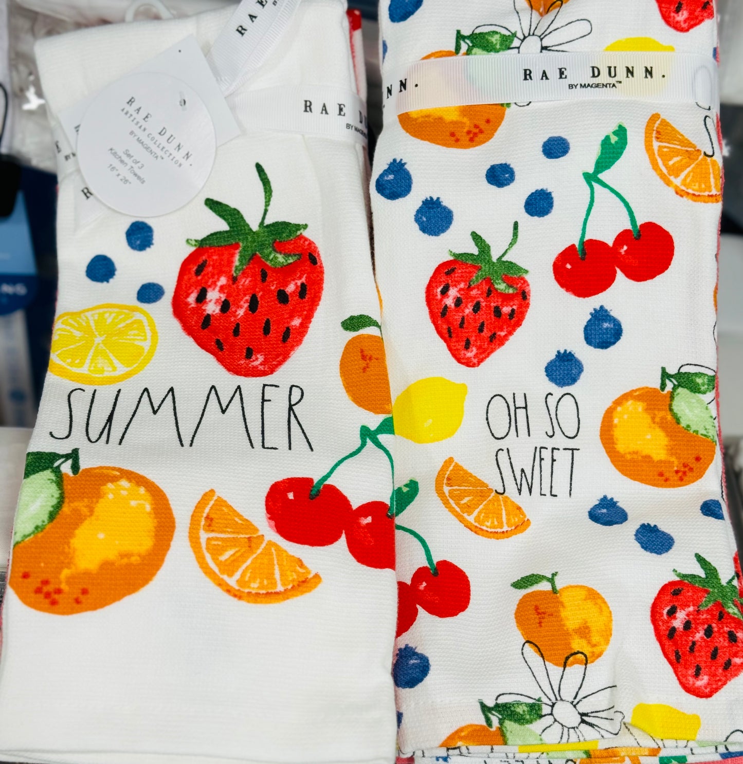 New Rae Dunn 3-piece kitchen dish towel set SUMMER fruit prints