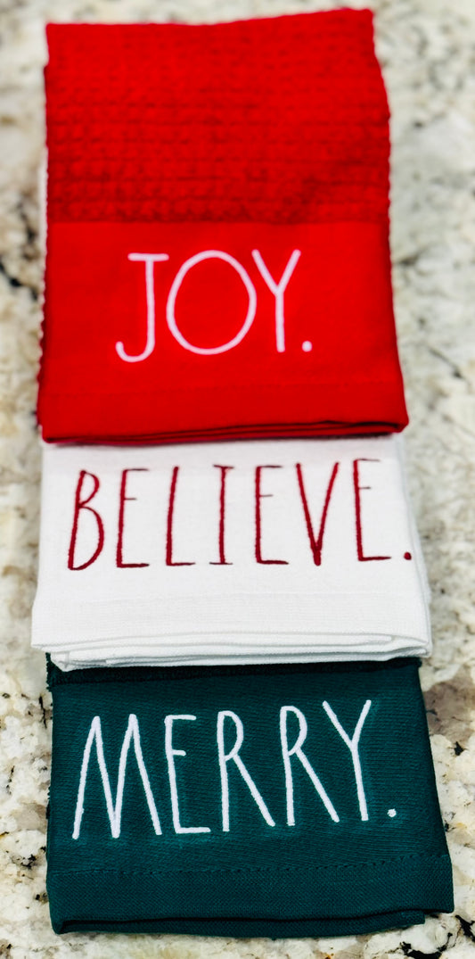 New Rae Dunn Christmas 3-piece kitchen dish towel set JOY BELIEVE MERRY