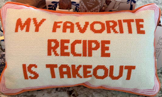 New Rachel Zoe knitted pillow decor “My Favorite Recipe Is Takeout”