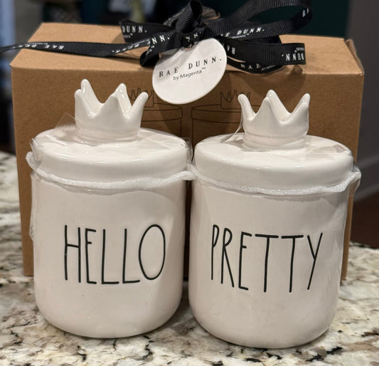 New Rae Dunn white ceramic storage jar set with crown topper HELLO PRETTY