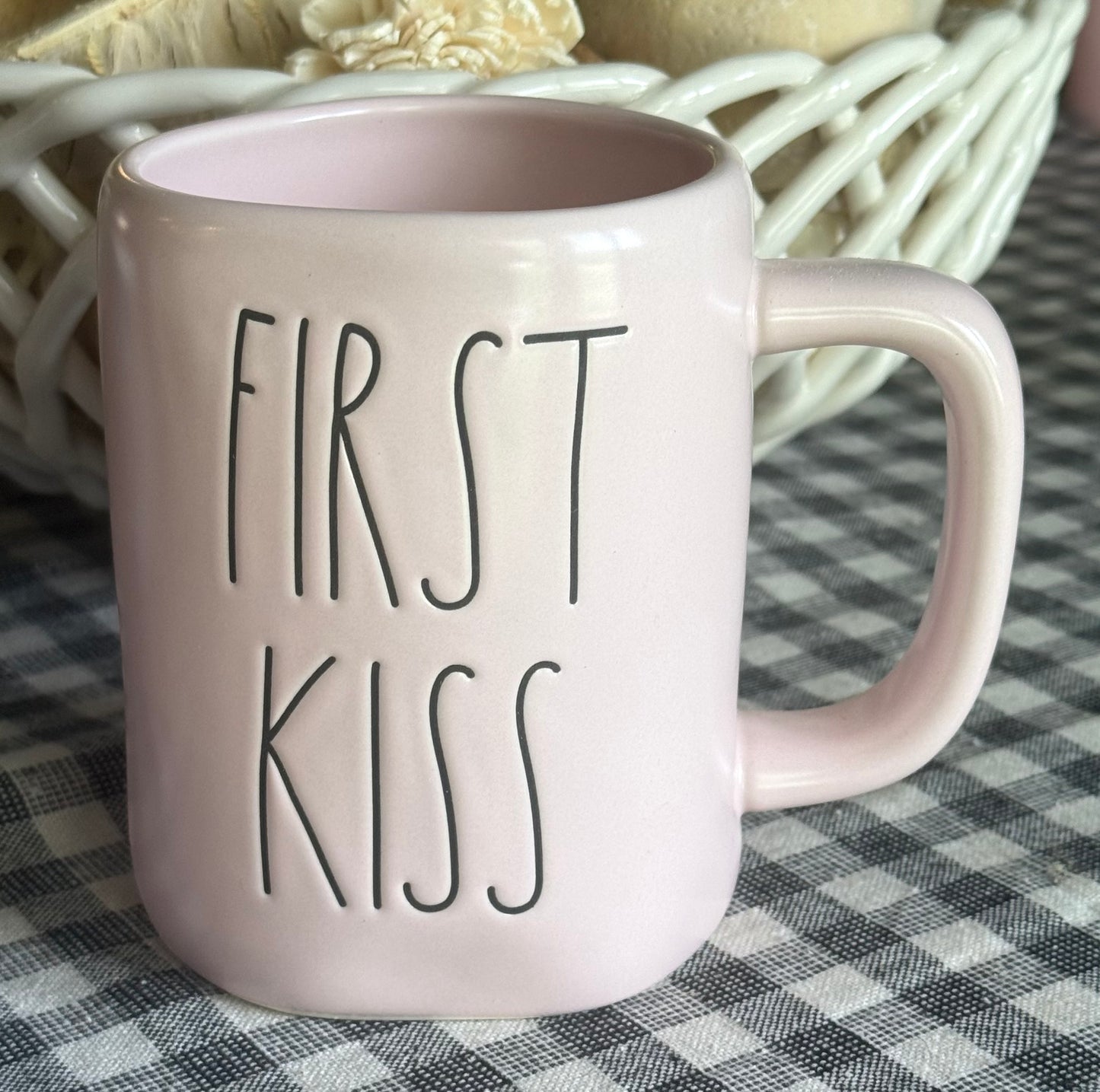 New Rae Dunn pink ceramic coffee mug FIRST KISS