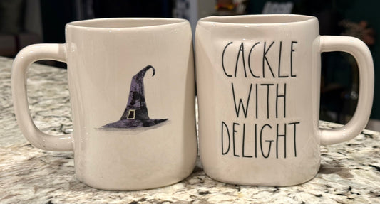 New Rae Dunn white ceramic Halloween coffee mug CACKLE WITH DELIGHT