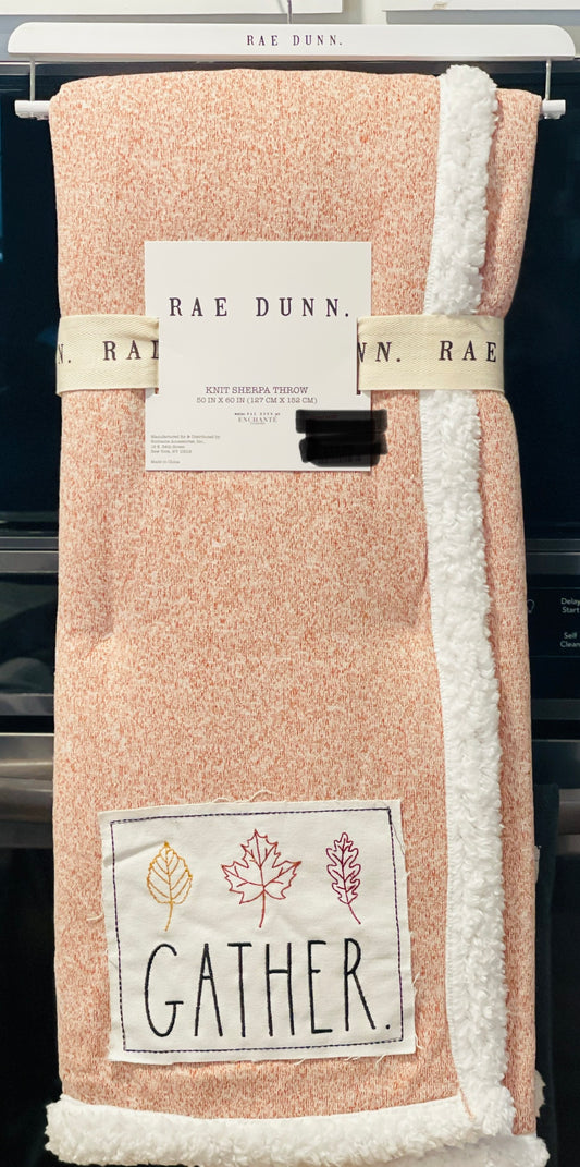 New Rae Dunn fall Sherpa lined GATHER leaf patch throw 50x60