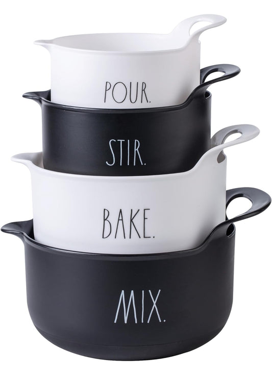 Rae Dunn Non-Slip Mixing Bowls - 4 Piece Nesting Plastic Mixing Bowl Set with Pour Spouts and Handles-Measurement Markings (black)