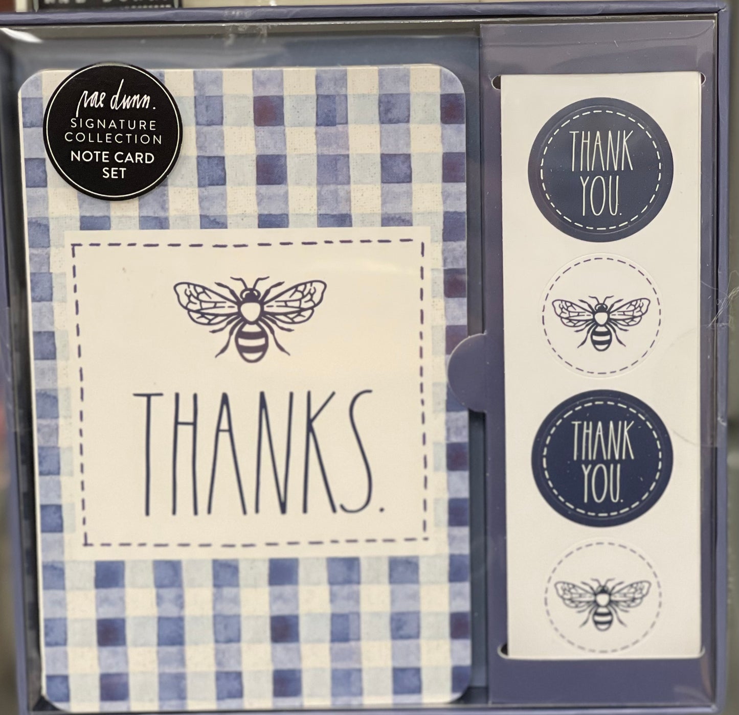 New Rae Dunn blue gingham Bee 🐝 THANKS signature notecard card set