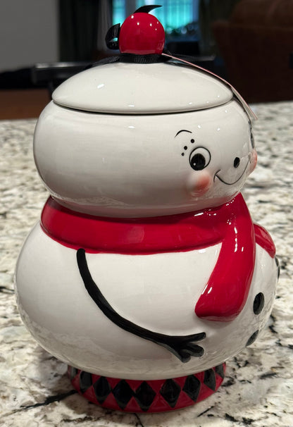 New Joanna Parker ceramic large 10” snowman Christmas cookie jar canister
