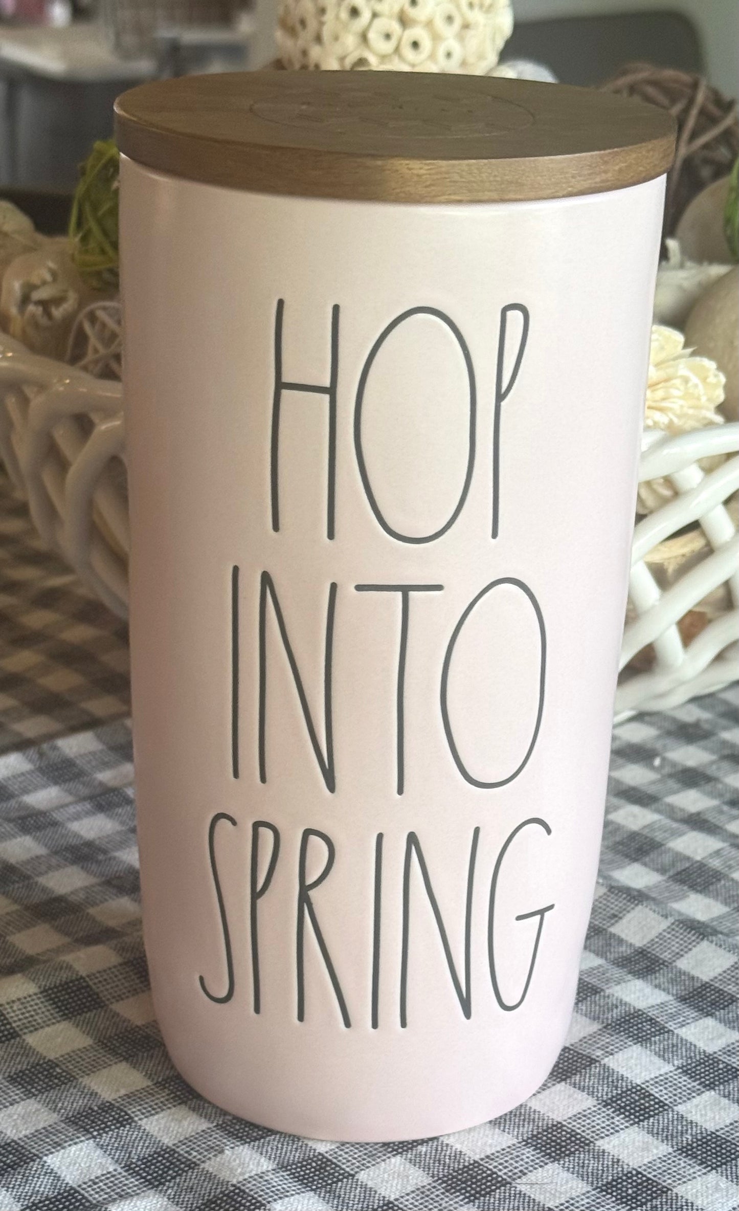 New Rae Dunn pink ceramic Easter decor storage cellar HOP INTO SPRING