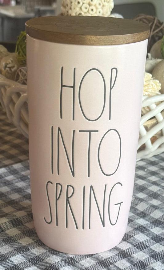 New Rae Dunn pink ceramic Easter decor storage cellar HOP INTO SPRING