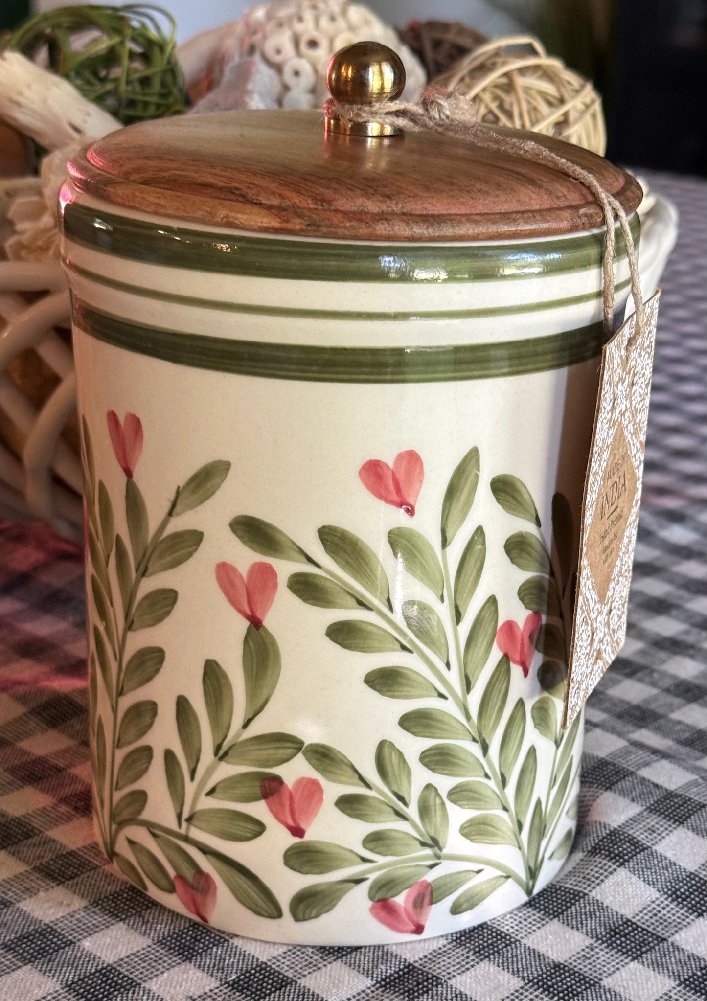 New Made in India green and pink heart floral wood lid canister 7”