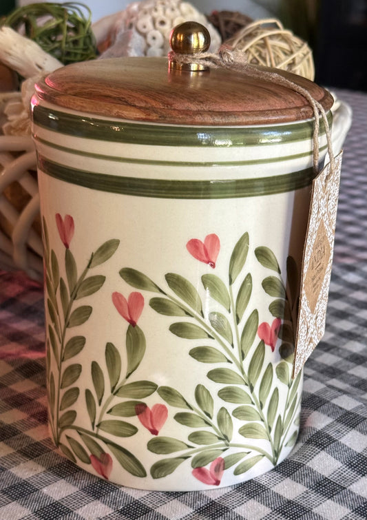 New Made in India green and pink heart floral wood lid canister 7”