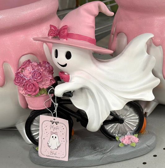 New pink theme flower basket resin ghost riding bike Halloween decor 9.5x8.25