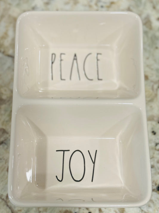 New Rae Dunn white ceramic snack dish-PEACE/JOY