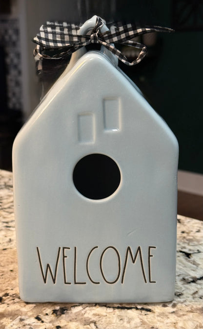 New Rae Dunn blue ceramic house  birdhouse 8” WELCOME