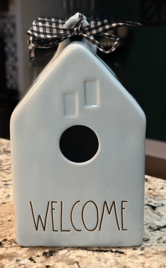 New Rae Dunn blue ceramic house  birdhouse 8” WELCOME
