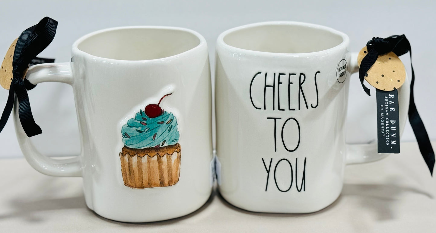 New Rae Dunn white ceramic coffee mug CHEERS TO YOU