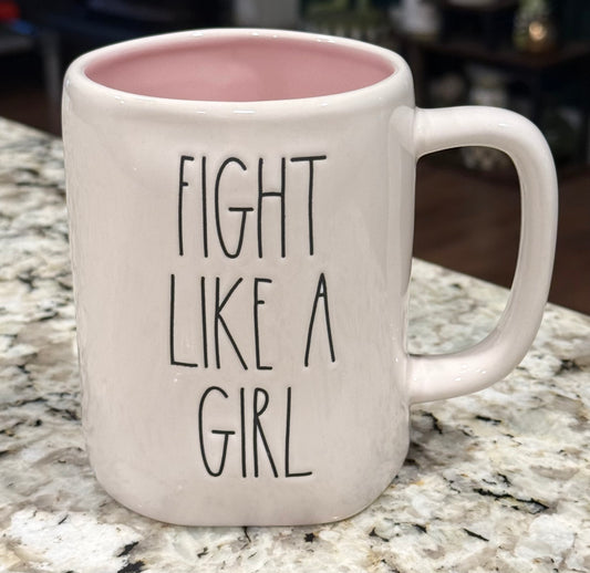 New Rae Dunn white ceramic FIGHT LIKE A GIRL pink interior