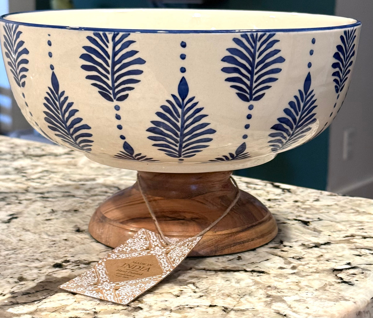 New Made in India ceramic w blue leaf large table top fruit or storage bowl 9.75x6