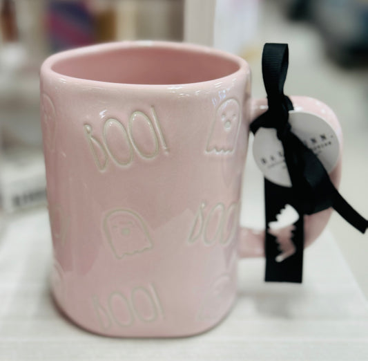 New Rae Dunn pink ceramic BOO! Ghost engraved Halloween coffee mug