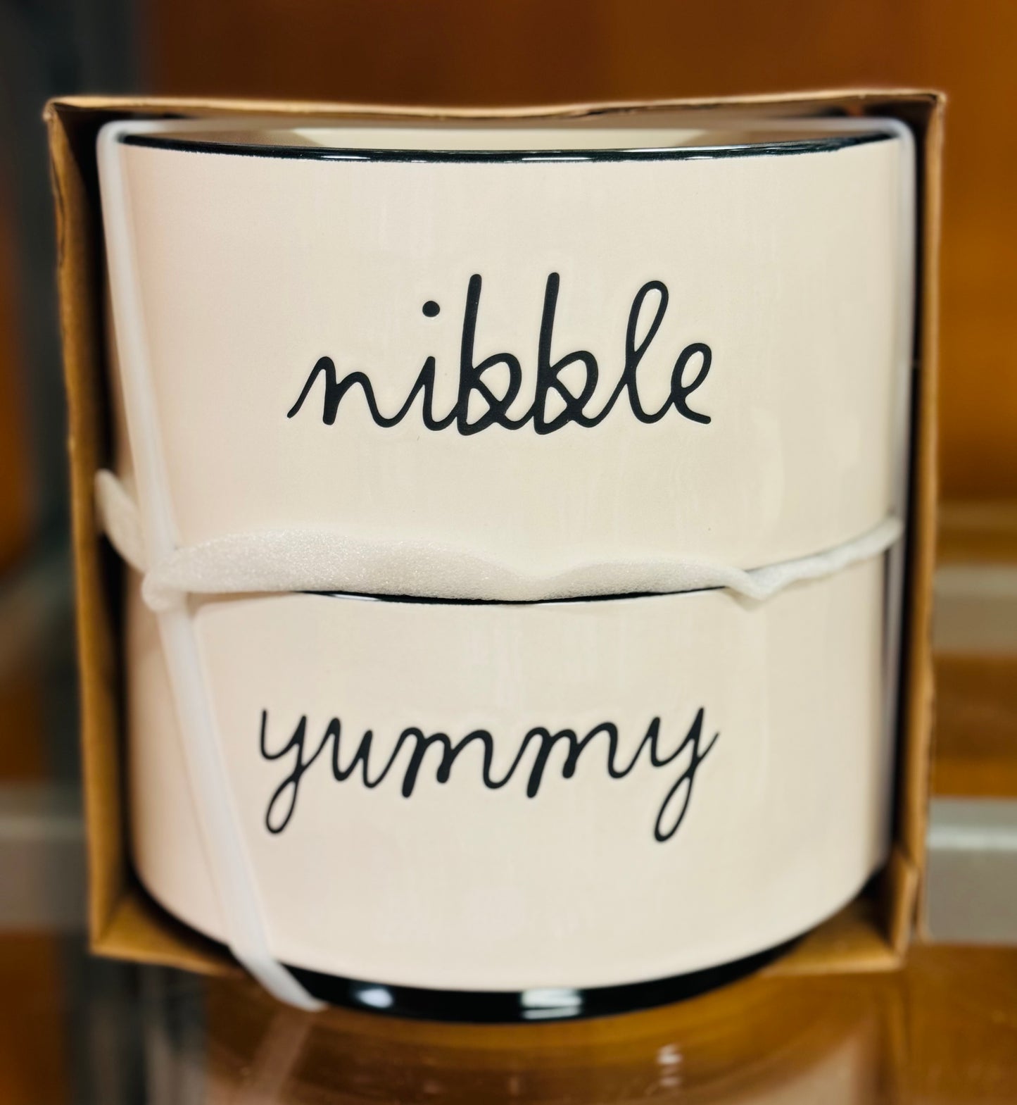 New Rae Dunn 2-piece ceramic stackable bowl set script writing NIBBLE & YUMMY 6”