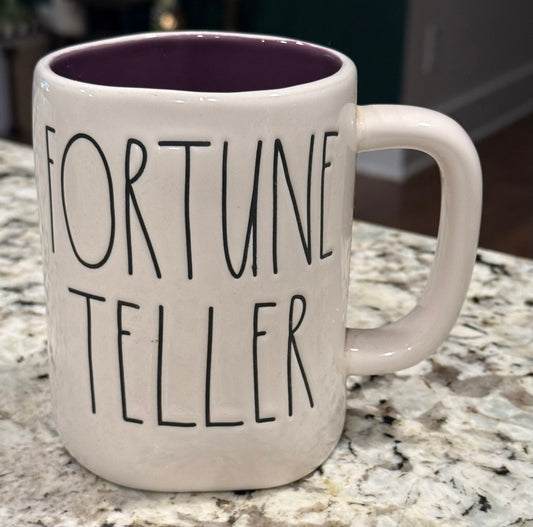 New Rae Dunn white ceramic coffee mug Halloween decor FORTUNE TELLER purple interior