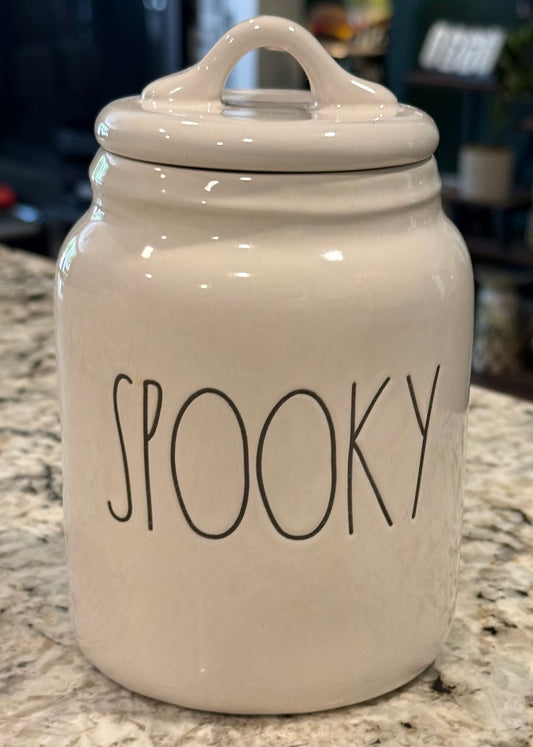 New Rae Dunn white ceramic 6” Halloween canister SPOOKY