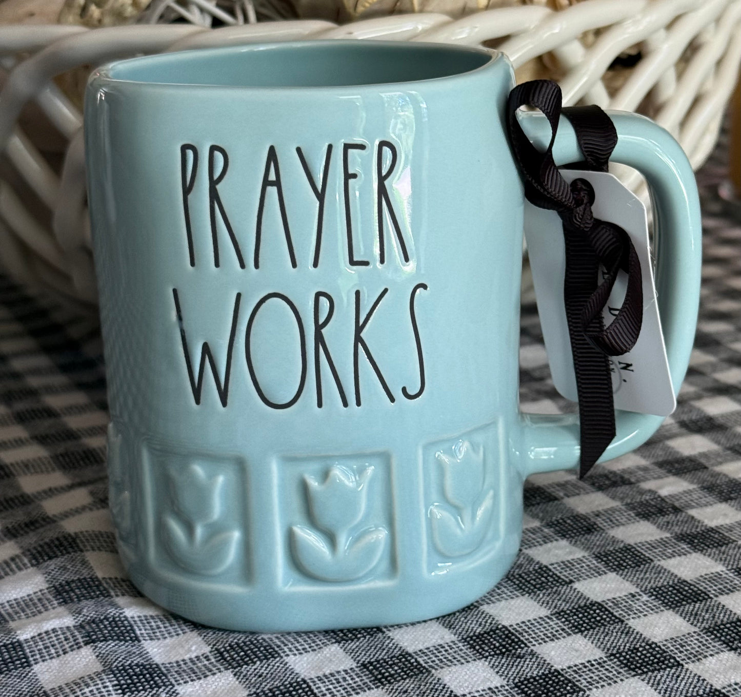 New Rae Dunn blue ceramic coffee mug PRAYER WORKS