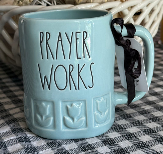 New Rae Dunn blue ceramic coffee mug PRAYER WORKS