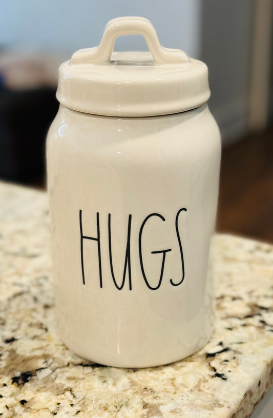 New Rae Dunn white ceramic 8”canister decor HUGS