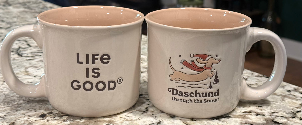 New Life is Good ceramic Christmas coffee mug -Daschund through the Snow