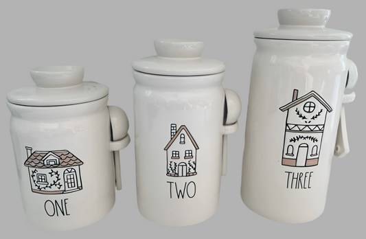 New Rae Dunn 3-piece ceramic HOUSES canister set 1,2,3