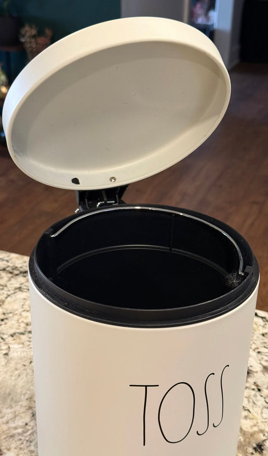 Rae Dunn cream TOSS wastebasket 10.5x8