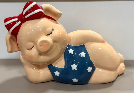 New ceramic USA pool pig 4th of July summer decor 10x6.5