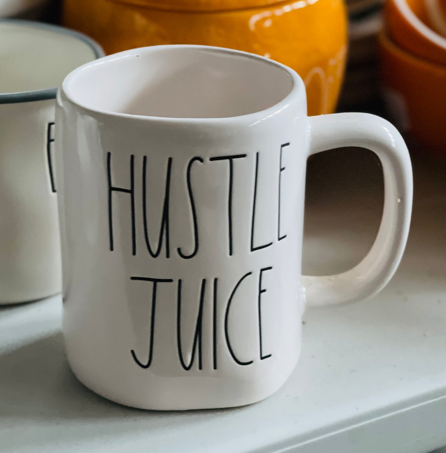 New Rae Dunn white ceramic coffee mug HUSTLE JUICE