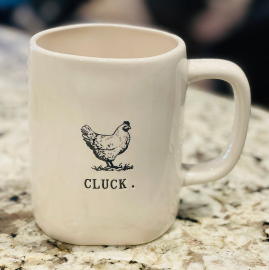 New release Rae Dunn white ceramic farmhouse coffee mug CLUCK. chicken picture on front