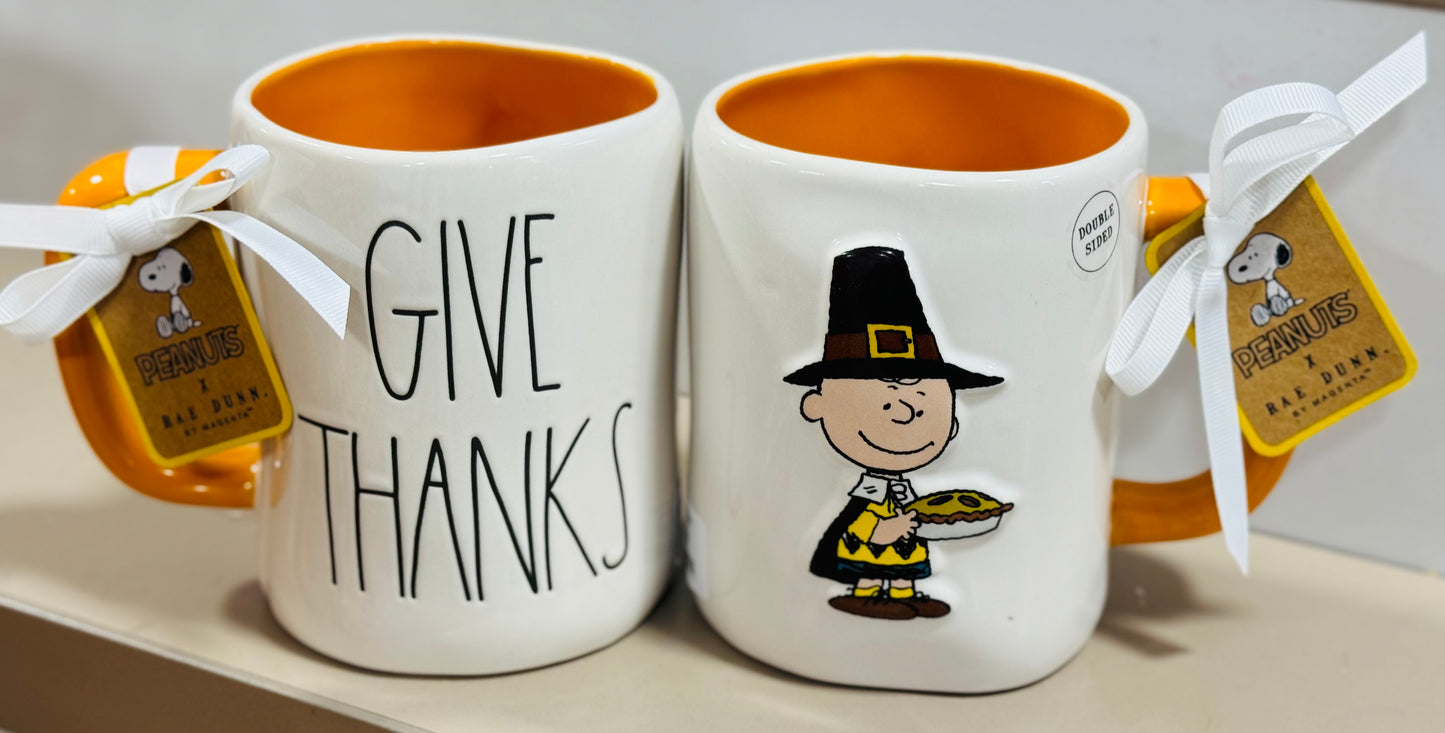 New Rae Dunn x Peanuts Snoopy ceramic Fall coffee mug Charlie Brown GIVE THANKS