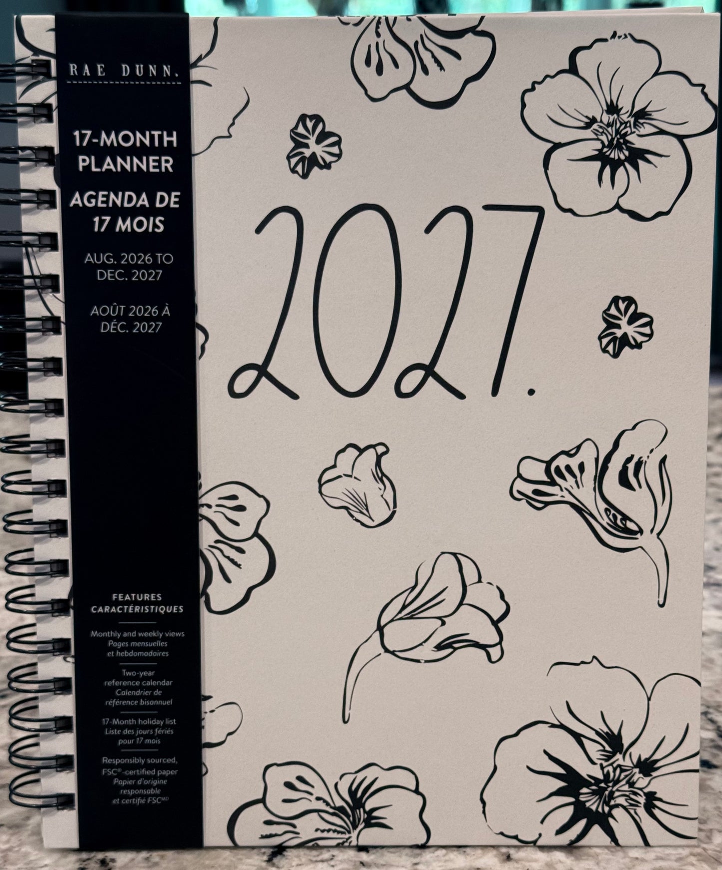 New Rae Dunn 8x10 spiral hardback 2026-2027 Planner-white flower print