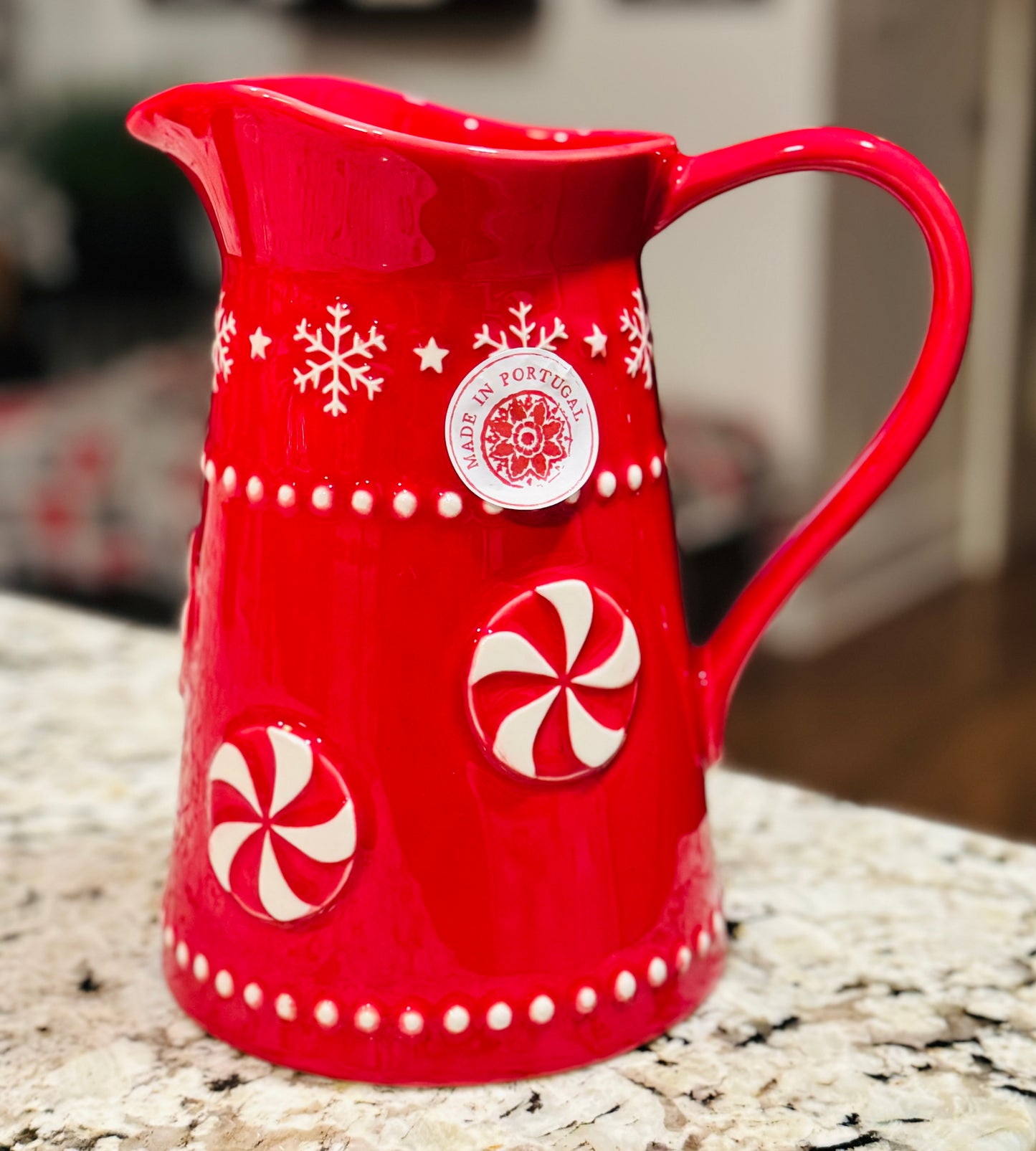 New red ceramic hand painted peppermint Christmas pitcher 9.2x9