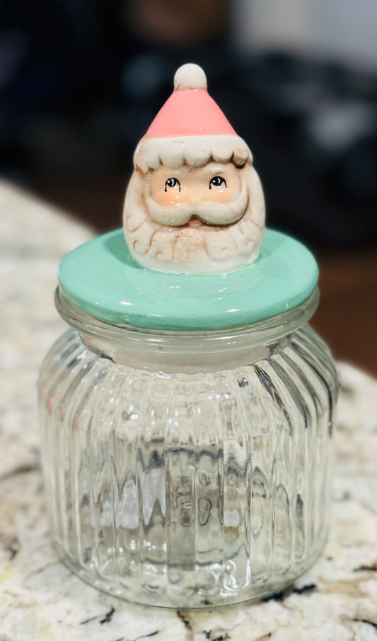 New Joanna Parker pastel topped glass Christmas storage jar SANTA