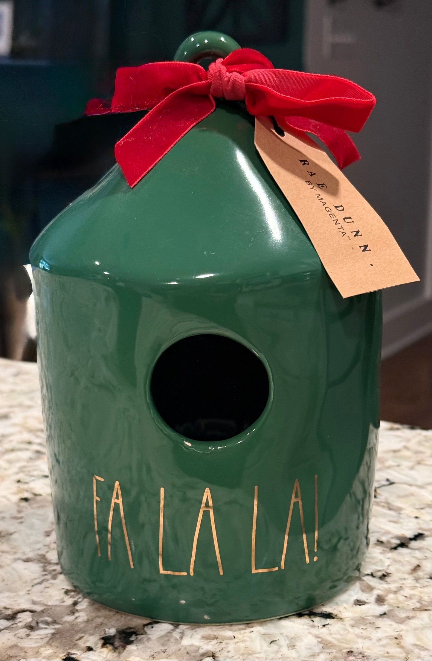 New Rae Dunn green ceramic Christmas birdhouse FA LA LA! gold writing