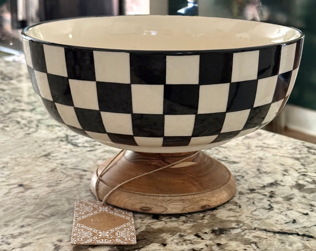 New ceramic Made in India black check checkered 10.5x5.5 large table top pedestal fruit bowl